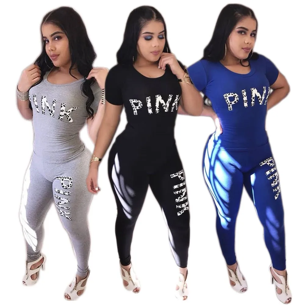 

Letter Print Tracksuits Women Sport Two Piece Set Summer 2020 Short Sleeve Tops + Jogger Pants Set Sweatsuit 2pcs Outfits Set