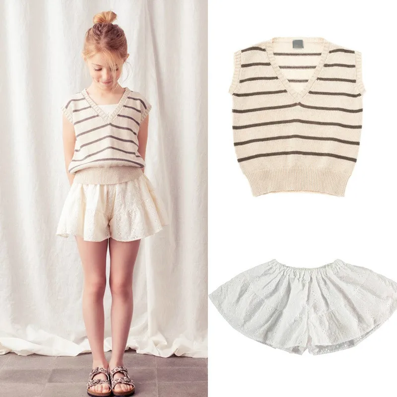 

Pre-sale TOCOTO Children's Clothing Wild Striped V-neck Knitted Vest 2020 Summer New Hollow Lace Skirt Shorts Set