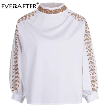 

EVERAFTER Floral embroidery blouse shirt women casual stand long sleeve vintage female white tops zipper loose streetwear blouse