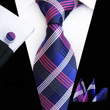 

Suit Necktie Ties for Men Gravatas Mens Accessories Wide Silk Tie Set Geometric Plaid Business Hanky Handkerchief Cufflinks