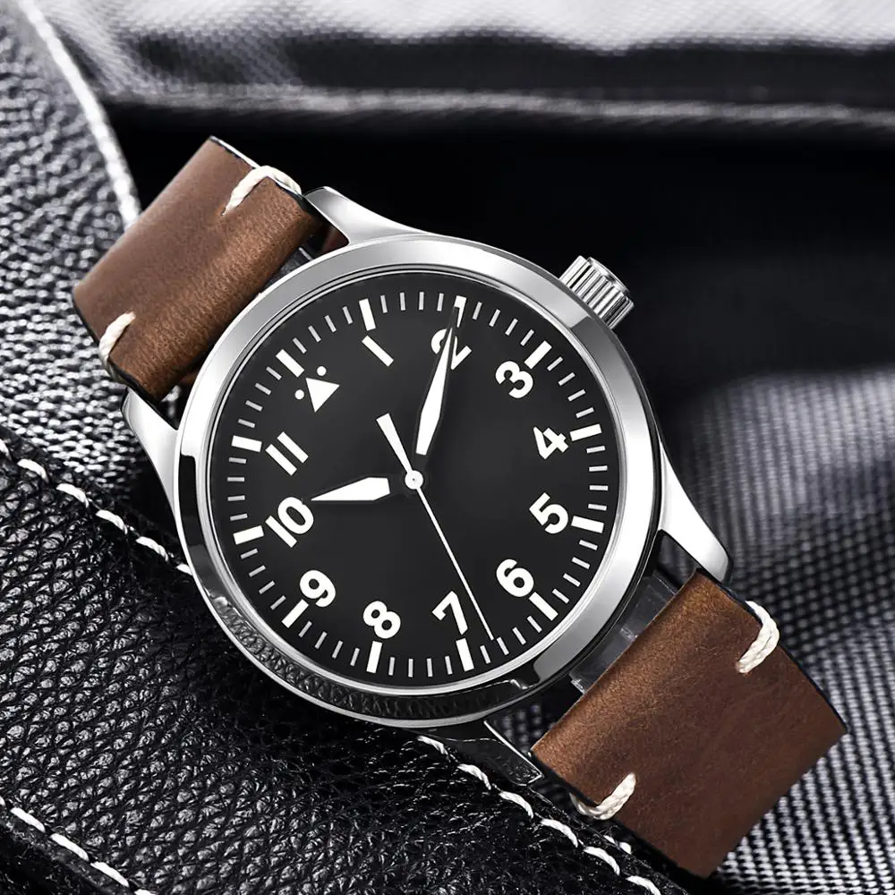 Skup 42mm Corgeut Nylon wojskowy mężczyźni automatyczne luksusowej marki wzór sportowy zegar skórzany własny wiatr mechaniczne zegarki na rękę