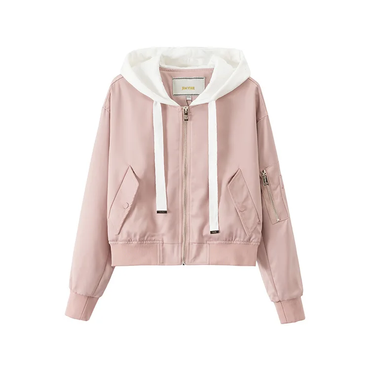 

Qf38 WOMEN'S Dress Versatile Ribbed Pattern Joint Loose Shoulder Sleeve Hooded Cropped Jacket