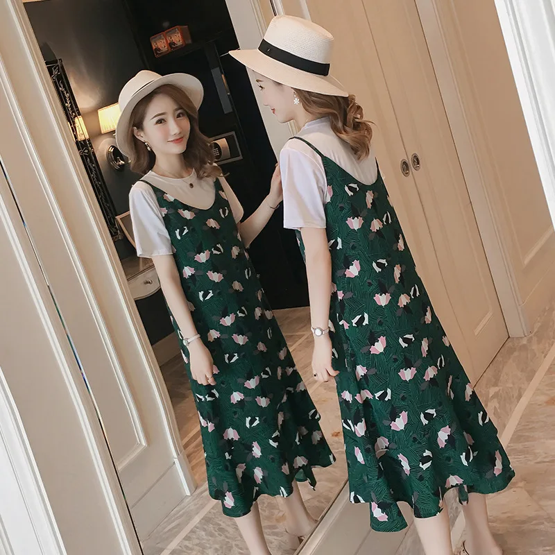 

2018 Summer Pregnant Women Floral Dress Two-Piece Set Large Size Set Chiffon Skirt Nursing Dress