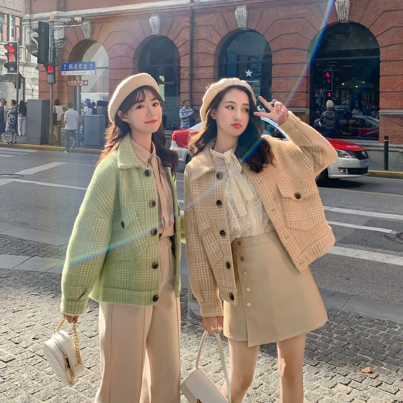 

Photo Shoot CHIC Graceful Faux Mink Cashmere Retro Coffee Plaid Fold-down Collar Single Breasted Short Woolen Jacket Women's