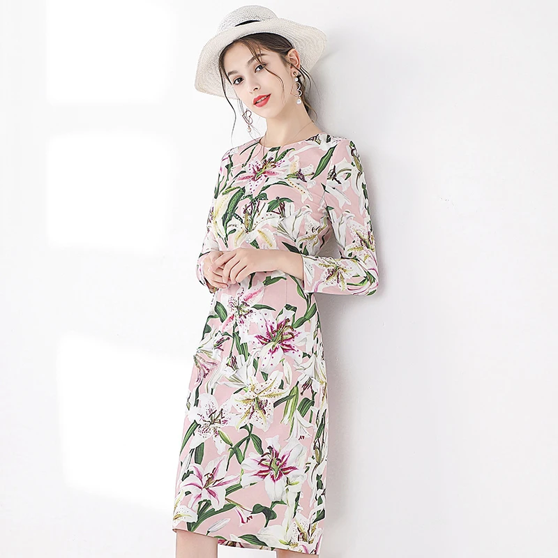 

VERDEJULIAY Runway Dress 2020 Summer Spring Fashion Designer 3/4 Sleeve Beading Crystal High Quality Lily Flowers Dress Women