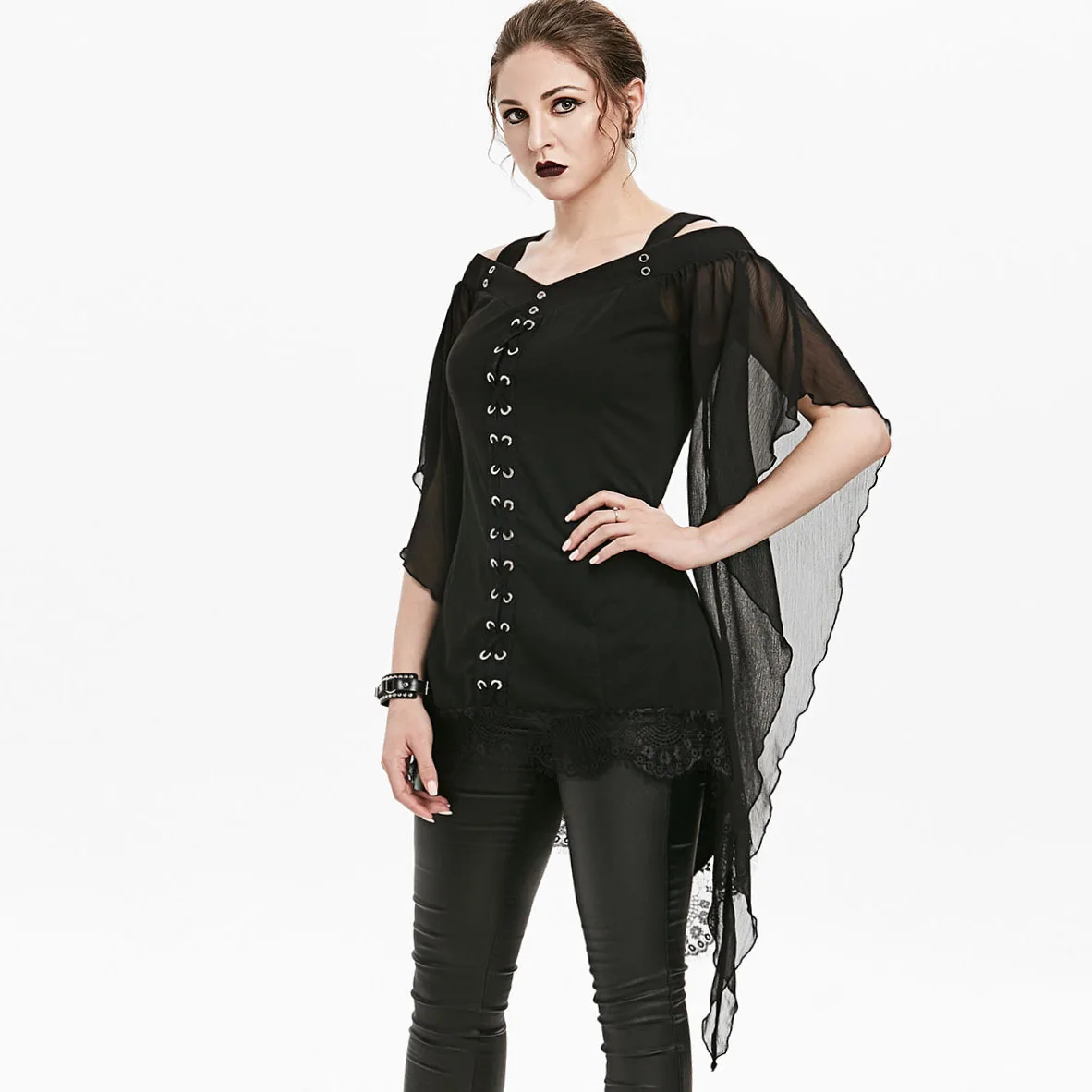 

Wipalo Women Plus Size 3XL Asymmetrical Lace Up T-Shirt Butterfly Sleeve Solid Cold Shoulder Lace Panel Gothic Tee Tops