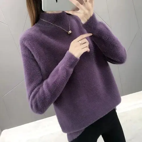 purple Осень и зима корейский короткий жакет имитация воды бархат свободный свитер женский пуловер вязанный Джемпер Рубашка Размер S-XXXL - Цвет: purple