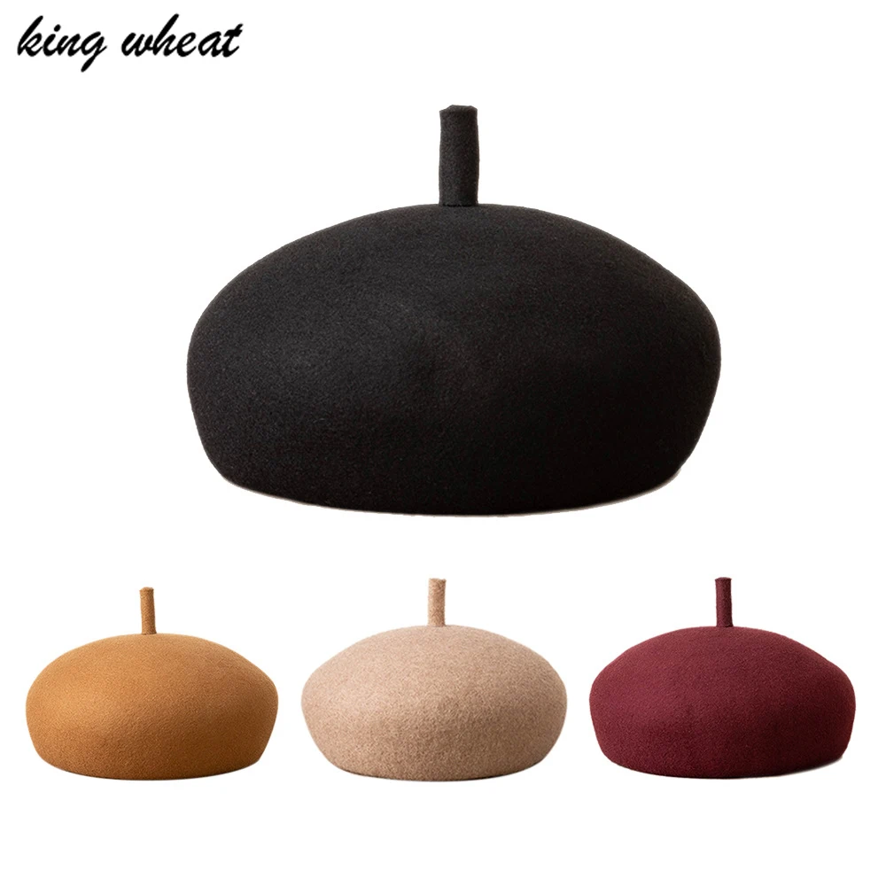 

King Wheat Winter 2021 New Three-dimensional Retro Deep Eaves Wool Women Beret Artist Kid Girl Hat Casual Warm Parent Child Cap