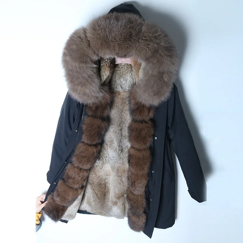 Уличный стиль, зимняя куртка, пальто с натуральным мехом, большой воротник из натурального Лисьего меха, парка с капюшоном, толстая верхняя одежда для женщин, новая длинная парка - Цвет: 10 black coat