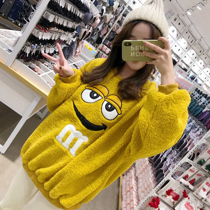 Cartoon Plush Hoodie New Style Women's Autumn And Winter Korean-style Loose-Fit Students Thick Embroidery Warm fang yang gao Swe