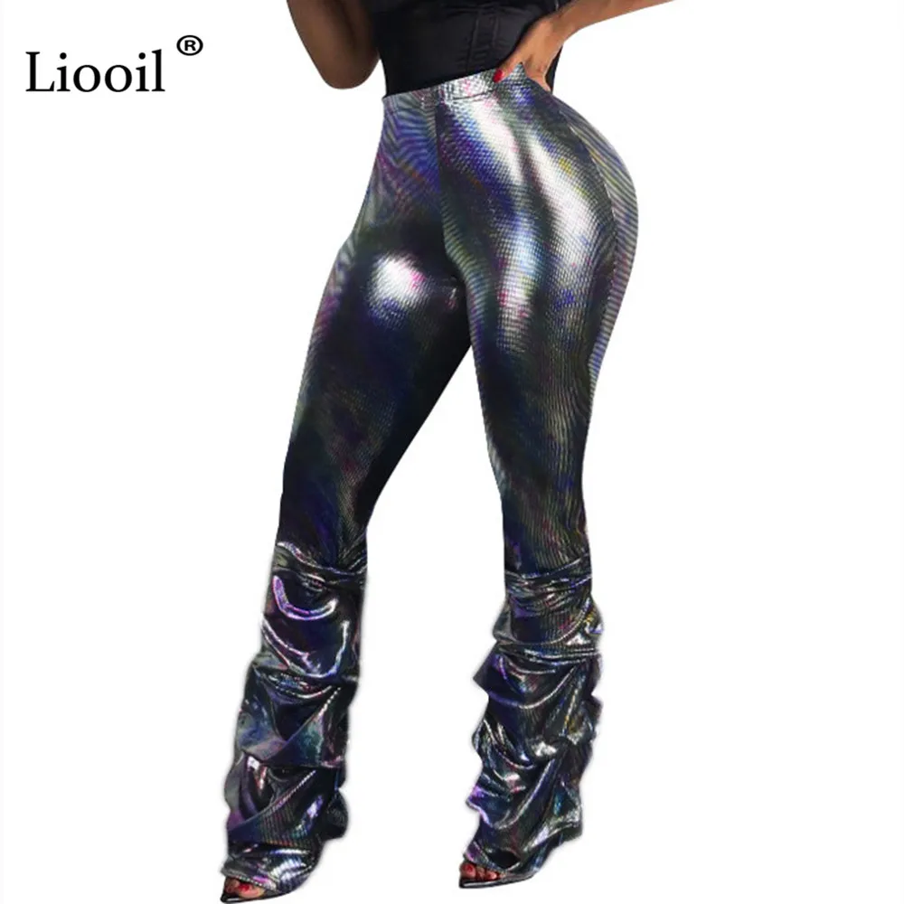 Многоцветный Liooil Красочные Стразы высокой талией Ruched прямые брюки женские Слаксы осень сексуальные женские брюки свободные Клубные длинные брюки - Цвет: Многоцветный