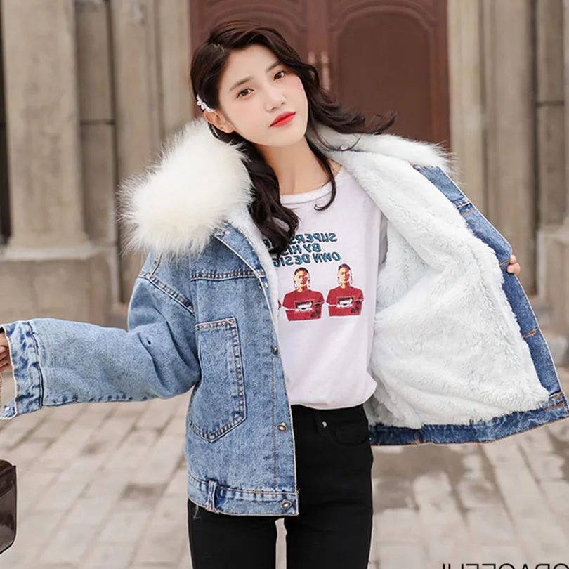 

Taotrees Winter Female Casual Solid Color Fur Collar Single Breasted Drawstring Long Sleeve Loose Warm Short Denim Parkas