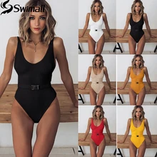 Сплошной цельный купальник Ребристый черный купальник с пряжкой ремень купальники для женщин сексуальный Монокини с высокими вырезами купальники