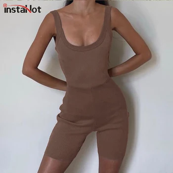 

InstaHot Brown Strap Sexy Playsuit Sleeveless Bodycon Backless Rib Knit Slim Jumpsuit Women Summer Casual Streetwear Playsuit