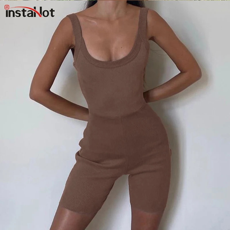 Женский Облегающий комбинезон InstaHot коричневый Повседневный на бретельках без