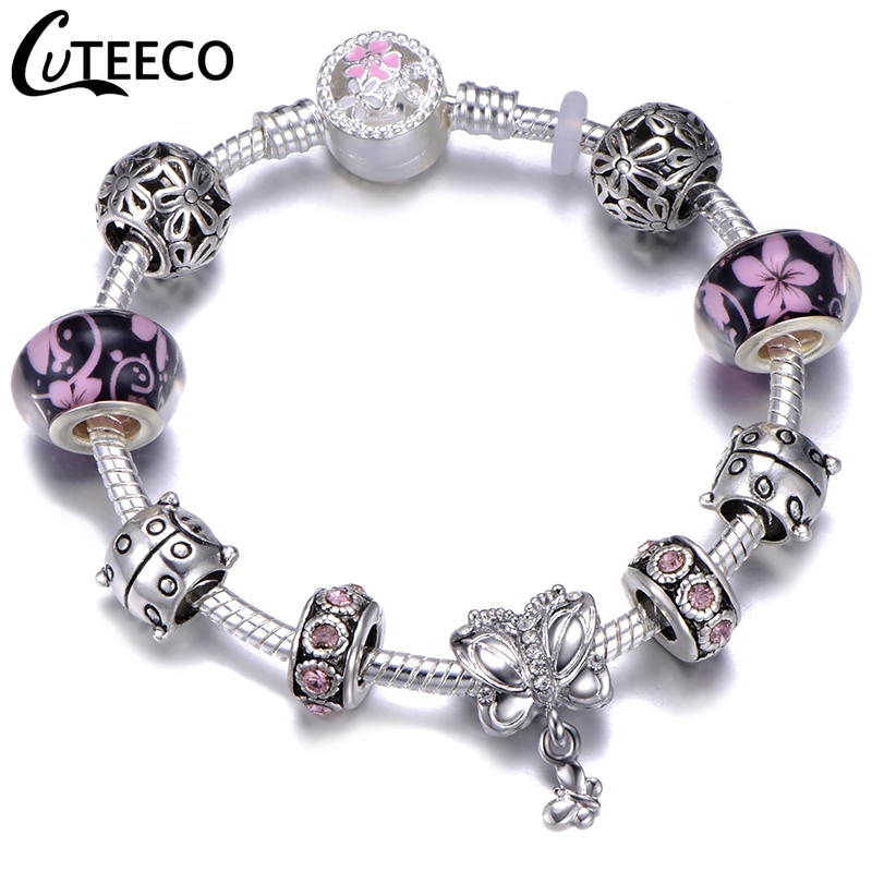 AJ3191 CUTEECO 925, модный серебряный браслет с шармами, браслет для женщин, Хрустальный цветок, сказочный шарик, подходит для брендовых браслетов, ювелирные изделия, браслеты - Окраска металла: AJ3191