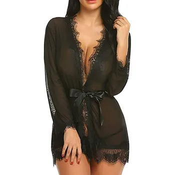 

Women Sexy Bathrobe Sleepwear Lace Mesh Perspective Nightdress Robe With Thong Belts Sets Plus Size Dressing Gowns Bridesmaid