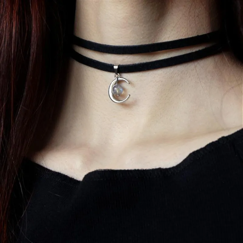 Celestial Necklace Crescent Pendant Choker Labradorite Inspired Statement Punk Jewelry Witchy Halfmoon Luna Women Fashion Gift
