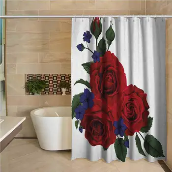 

Rose Odorless Waterproof Shower Curtain Blooming Red Roses with Gentle Wild Flowers Leaves Bouquet Corsage Large Home