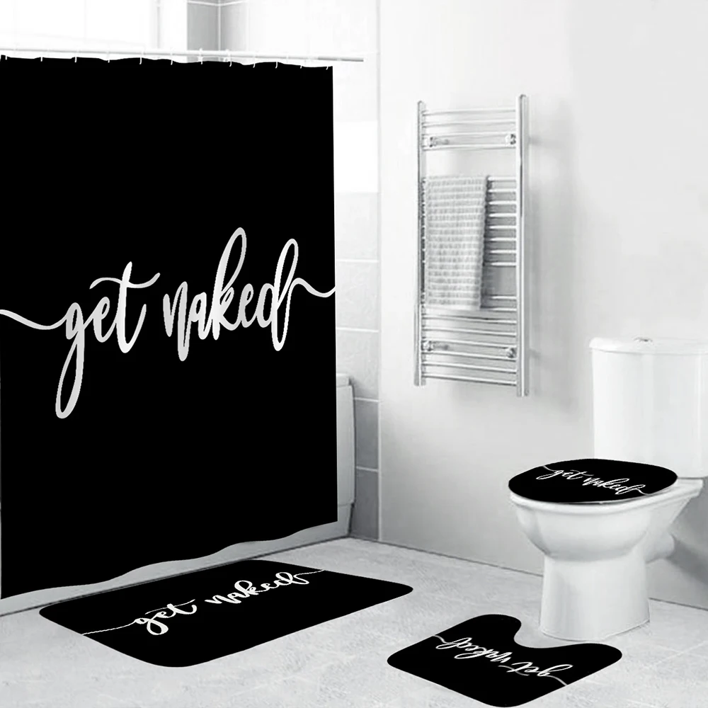 

Bathroom Set Waterproof Shower Curtain Funny Get Naked Print 4 Piece Carpet Cover Toilet Cover Bath Mat Pad For Home Decor