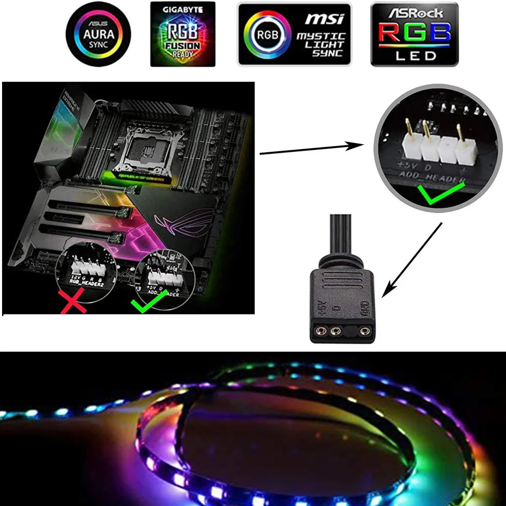 Addressable Digital Light Strip for PC ASUS Aura SYNC MSI Mystic AORUS RGB2.0 3 pin ADD Header on Motherboard |