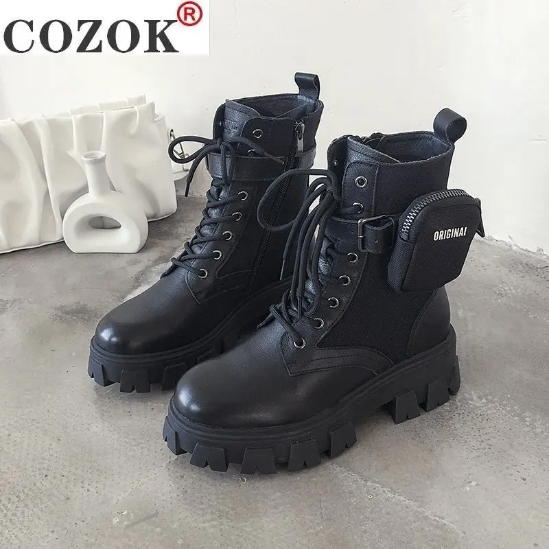 Zapatos de plataforma Monolith de alta calidad para mujer, Botines negros con diseño de bolsillo, botas cálidas con cremallera, botines cortos de fondo grueso con cordones
