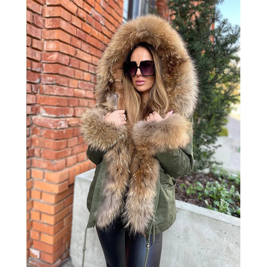 MaoMaoKong Winter Jacket Parkas Natural Real Fox Fur Collar Faux Fur Lining Women Fur Coat