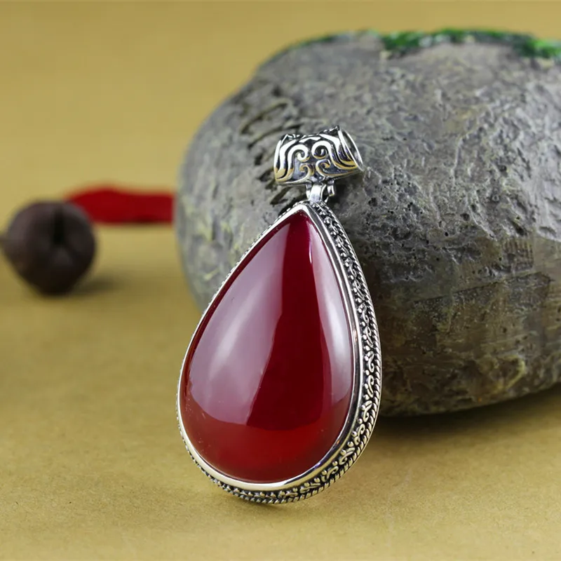 

items S925 pure silver ornaments Thai silver manual Mosaic red corundum teardrop-shaped pendant restoring ancient ways