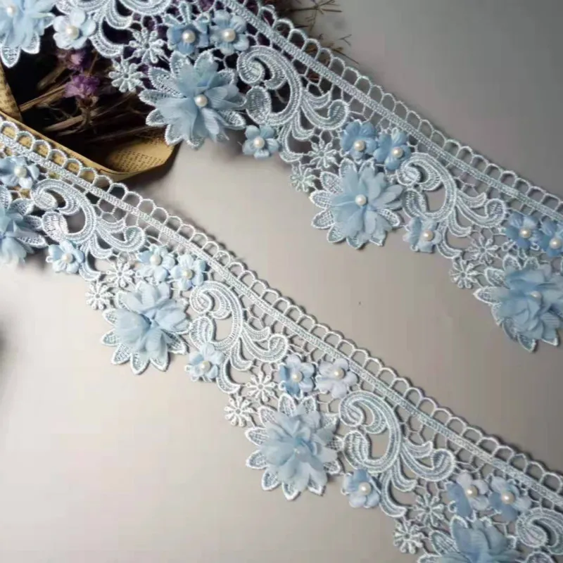 1 ярд синий 9 см жемчуг 3D цветок кисточкой кружево край подрезная Лента ткань вышитые Аппликация, шитье, рукоделие свадебное платье одежда