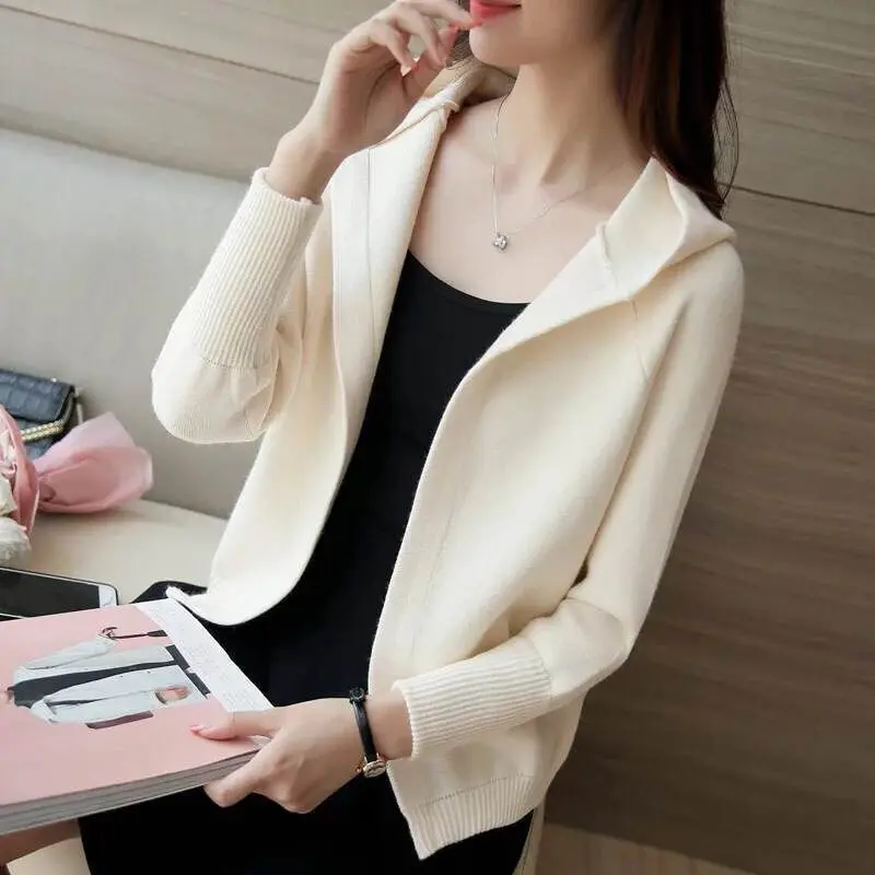 Autumn Winter Fashion Solid Color Hooded Wool Blends Cardigan Women Casual Open Stitch Knitted Sweater Cardigans - Цвет: Бежевый