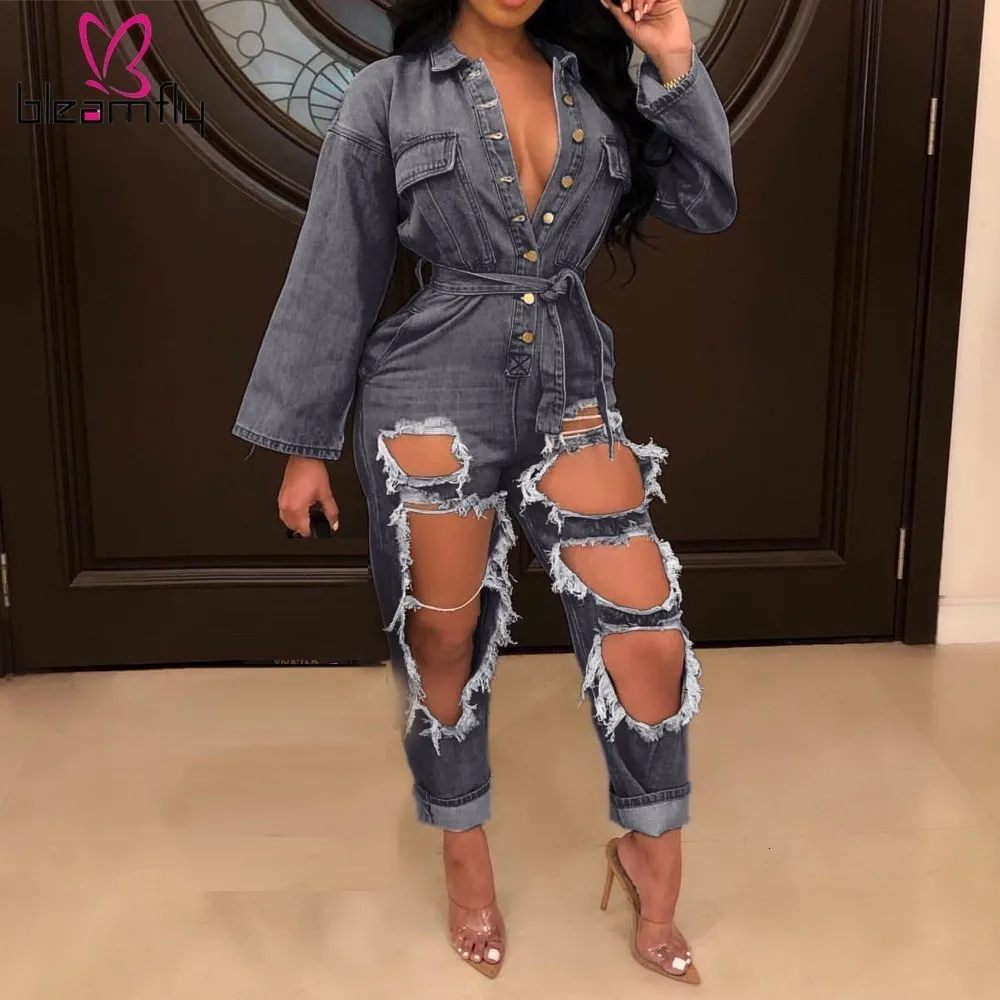 

Ripped Hole Denim Women Jumpsuit Turn-down Collar Long Sleeve Button Cut Out Jeans Jumpsuits With Sashes Female Casual Overalls