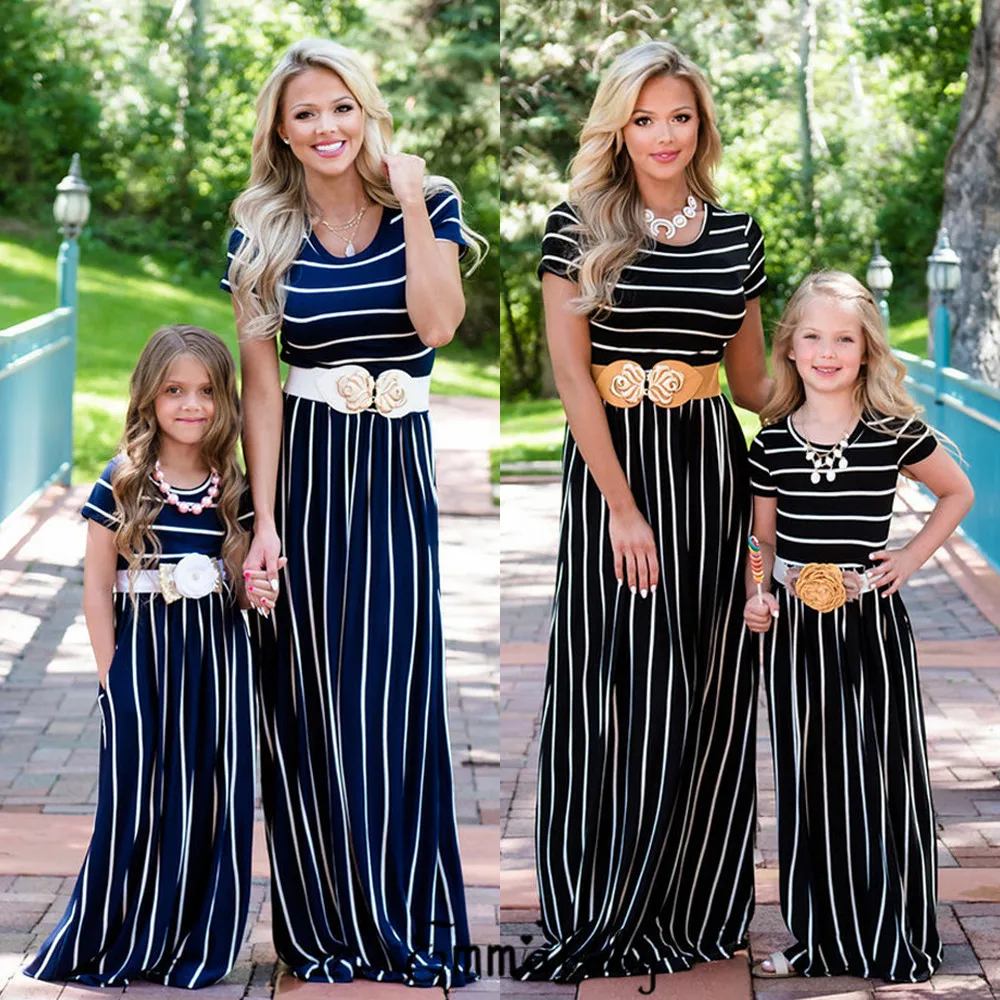 New Fashion Family Matching Mother and Daughter Maxi Dress Beach Casual Striped Mom Girls Long Dress Short Sleeve Sundress
