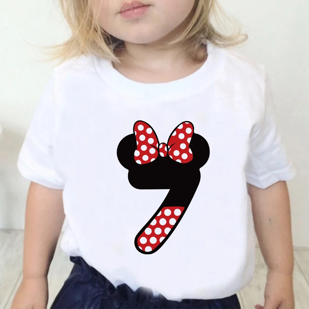 Disney Birthday Party Cartoon T Shirt for Girls Children Tshirt Number 0 1 2 3 4 5 6 7 8 9 Minnie Mouse Bow Graphic Kids Clothes 3