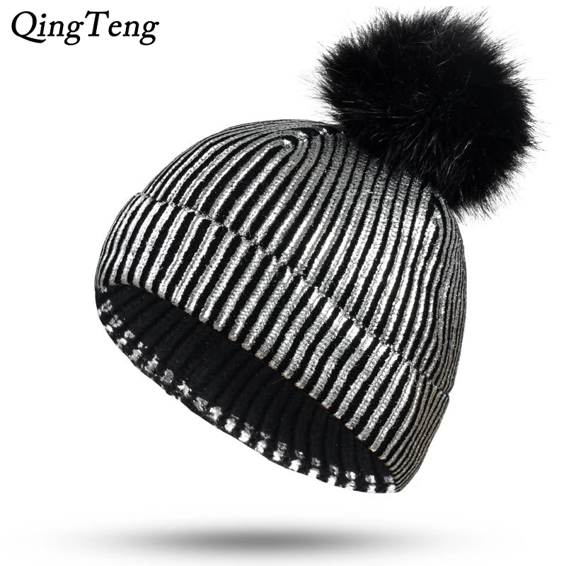 

Shining Paint Double Layer Knitted Winter Hats Swag Fashion Simulation Pom Pom Hat Female Warm Hats For Women Funny Beanies