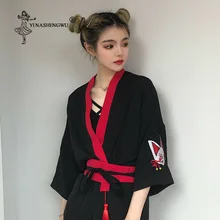 Японские кимоно женские Harajuku японские рубашки вышитые лисы блузки свободные повседневные Топы Блузы кимоно косплей кимоно с поясом