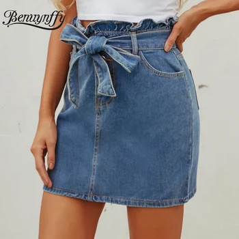 

Benuynffy Vintage Ruffle High Waist Denim Skirt Women 2020 Summer Streetwear Casual OL Female Bodycon Pencil Skirt with Belt