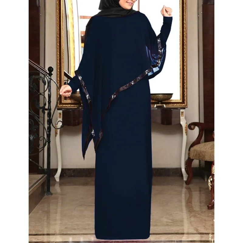 Dark Blue Винтажное шикарное женское мусульманское платье с длинным рукавом Кафтан абайя исламское мягкое платье для мусульманских вечерних платьев размера плюс 4XL 5XL - Цвет: Dark Blue