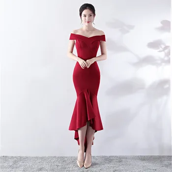 

Womens Dresses Off The Shoulder Red Party Evening Mid Length Dress Gown Slim Chinese Style Evening Cheongsam