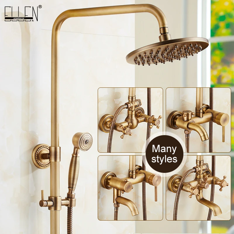 Bathroom Shower Faucet Set Antique Rain Shower Faucets With Hand Brass Wall Mounted Mixer for Bathroom Bath Luxury Rainfall EL4006T
