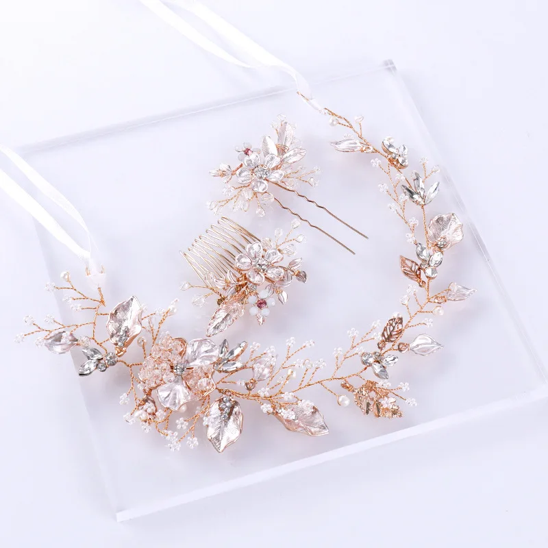 Mission Ming Headdress Europe And America Hot Sales Leaves Hair Band Hand-woven Pearl Headdress Wedding Accessories Bride Access