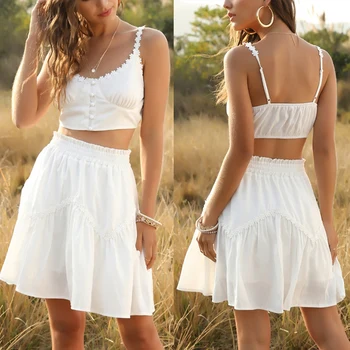 

Women Summer White Two Piece Set Sexy Strapless Backless Camis Tops Pleated Fashion