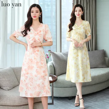 

2020 Vintage Plus Size Yellow Print Beach Dresses Summer Floral Chiffon Boho Midi Sundress Women Bodycon Elegant Party Vestidos
