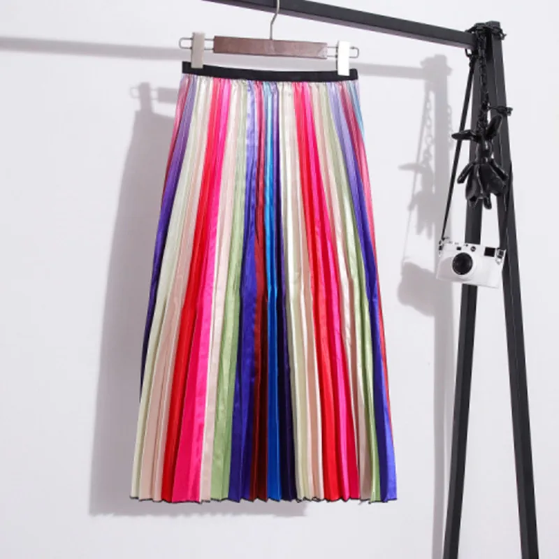 Харадзюку многоцветные радужные полосатые печатные атласные юбки комплект пуловер+ кожаная юбка для женщин молодых девушек