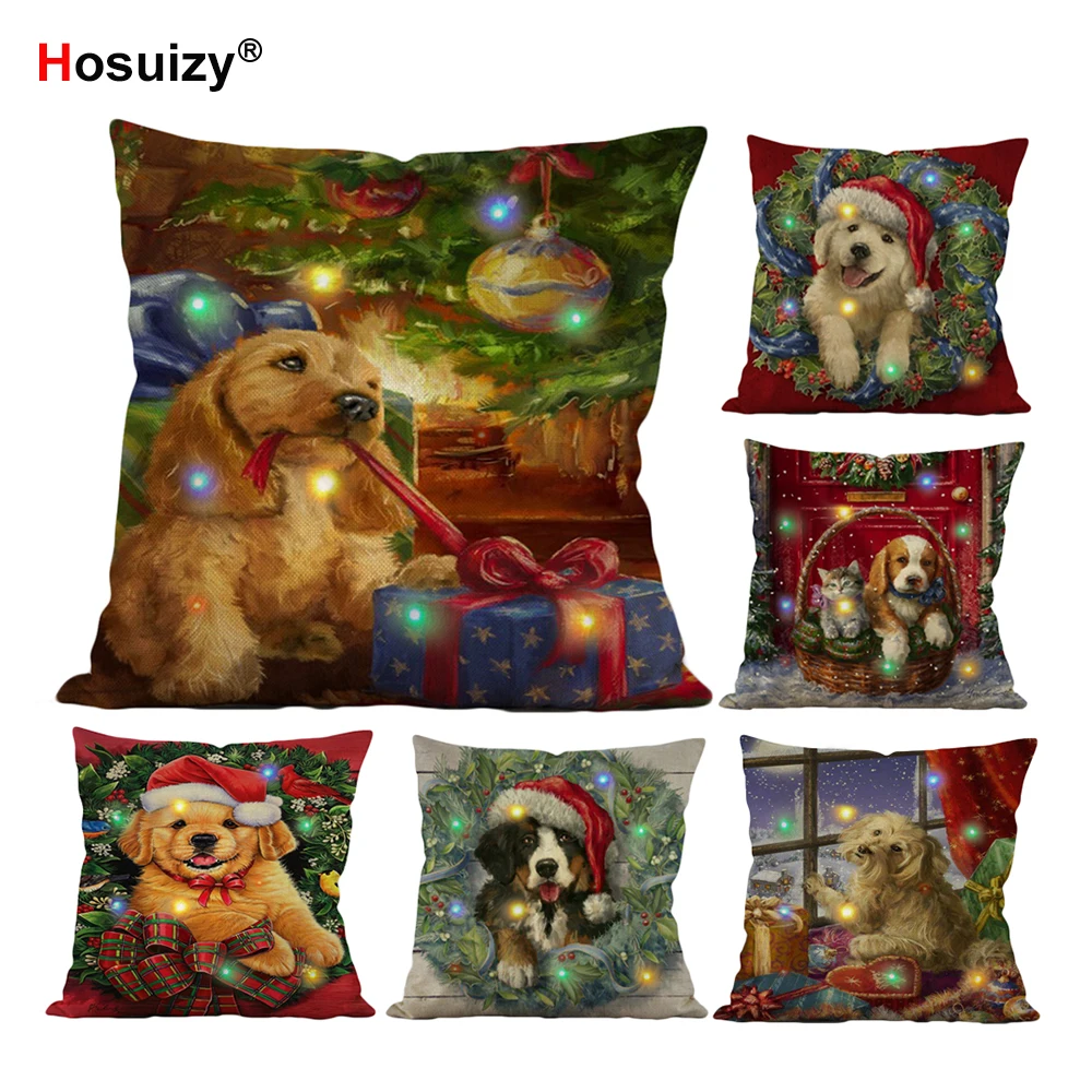 

LED Christmas Cushion Covers Animal Cartoon Dog and Cat Vintage Linen Throw Pillow Cover 2020 Happy New Year Decoration Gift