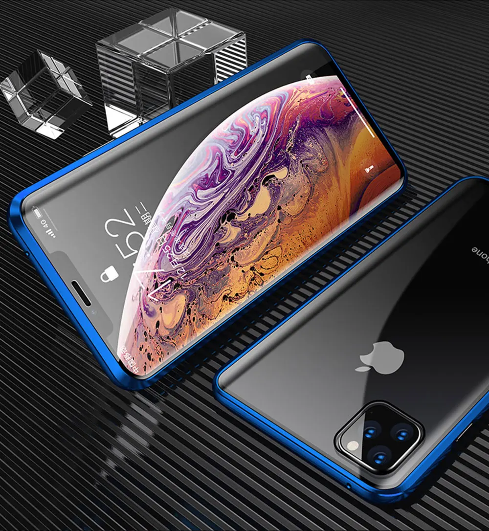 Магнитный чехол для Iphone 11 Pro Max, двусторонний чехол из закаленного стекла, прозрачный чехол для Iphone 11 Pro, чехол для телефона - Цвет: Синий