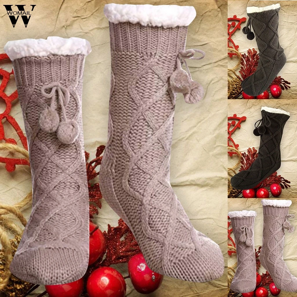 Womail ladiesгеометрический узор шерстяной шар плюс бархатные нескользящие носки утолщенные домашние вязаные носки