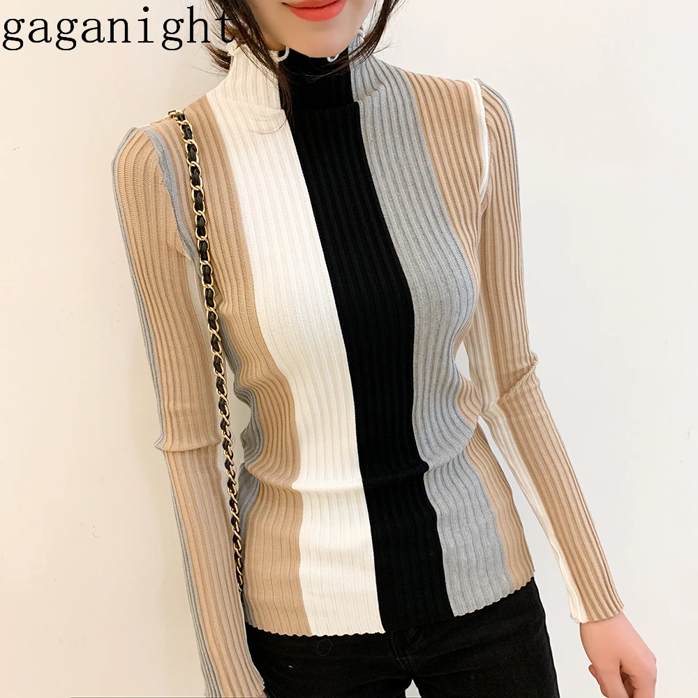 Gaganight Casual Striped Women Sweater Bodycon Long Sleeve Turtle Neck Pullover Knitted Patchwork Retro Korean Jumper | Женская одежда