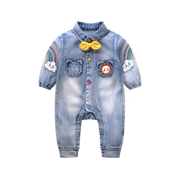 

Fashion Kids Girls Boys Denim Bodysuit Autumn Spring long sleeve Gentleman bow tie Jumpsuit Outfits Jeans Clothes
