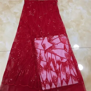 

Sequins Style African Net Lace Elastic Fabrics 2019 red High Quality Sequined Embroidered Mesh Lace Material Wedding Fabrics