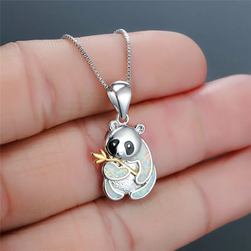 Blue White Fire Opal Cute Panda Pendant Necklaces For Women Silver Color Animal Jewelry Female Engagement Necklace Wedding Gifts
